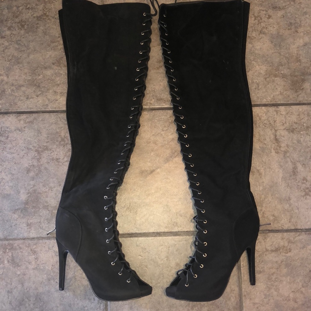 Thigh High Lace Up Open Toe Boots (New)
